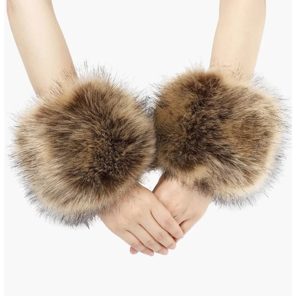 Brown Fuzzy Faux Fur Pom Pom Wrist Cuffs Furry Bands Arm‎ Warmers Boot Covers